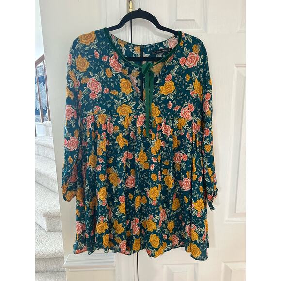 Zara Green & Yellow Rose Floral Print Velvet Trim Romper - Picture 1 of 7